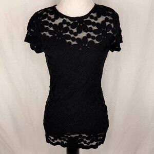 INC International Concepts Women's Short Sleeve Lace Top with Liner | Black | Sm